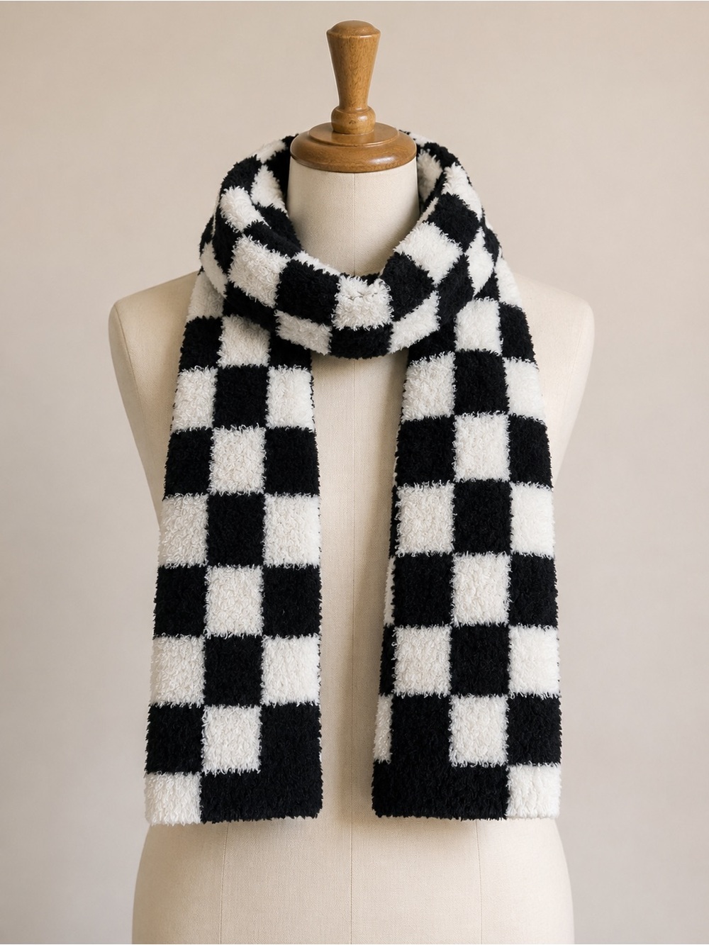 Fuzzy Checkered Black and White Cozy Scarf